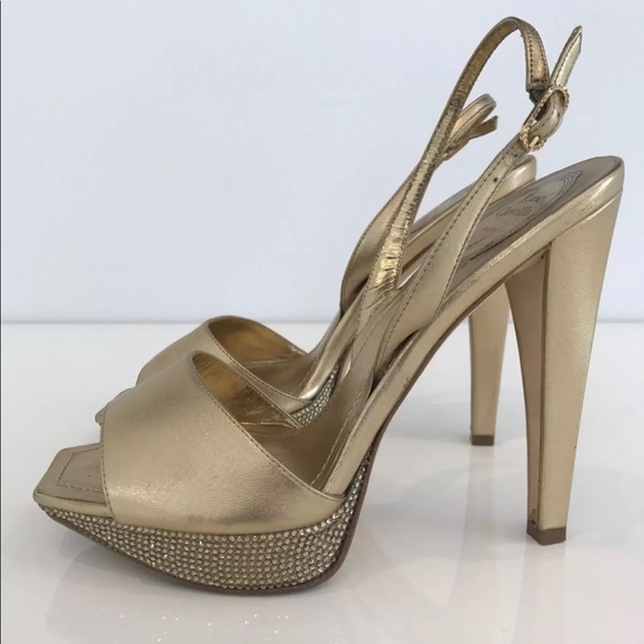 RENE CAOVILLA GOLD CRYSTAL PLATFORM SANDALS SIZE IT 37.5 /US 7.5 - Picture 3 of 17